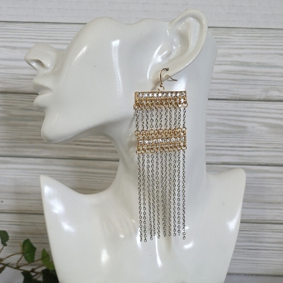 Statement Gold Silver Multi Chain Long Earrings - Picture 3 of 9